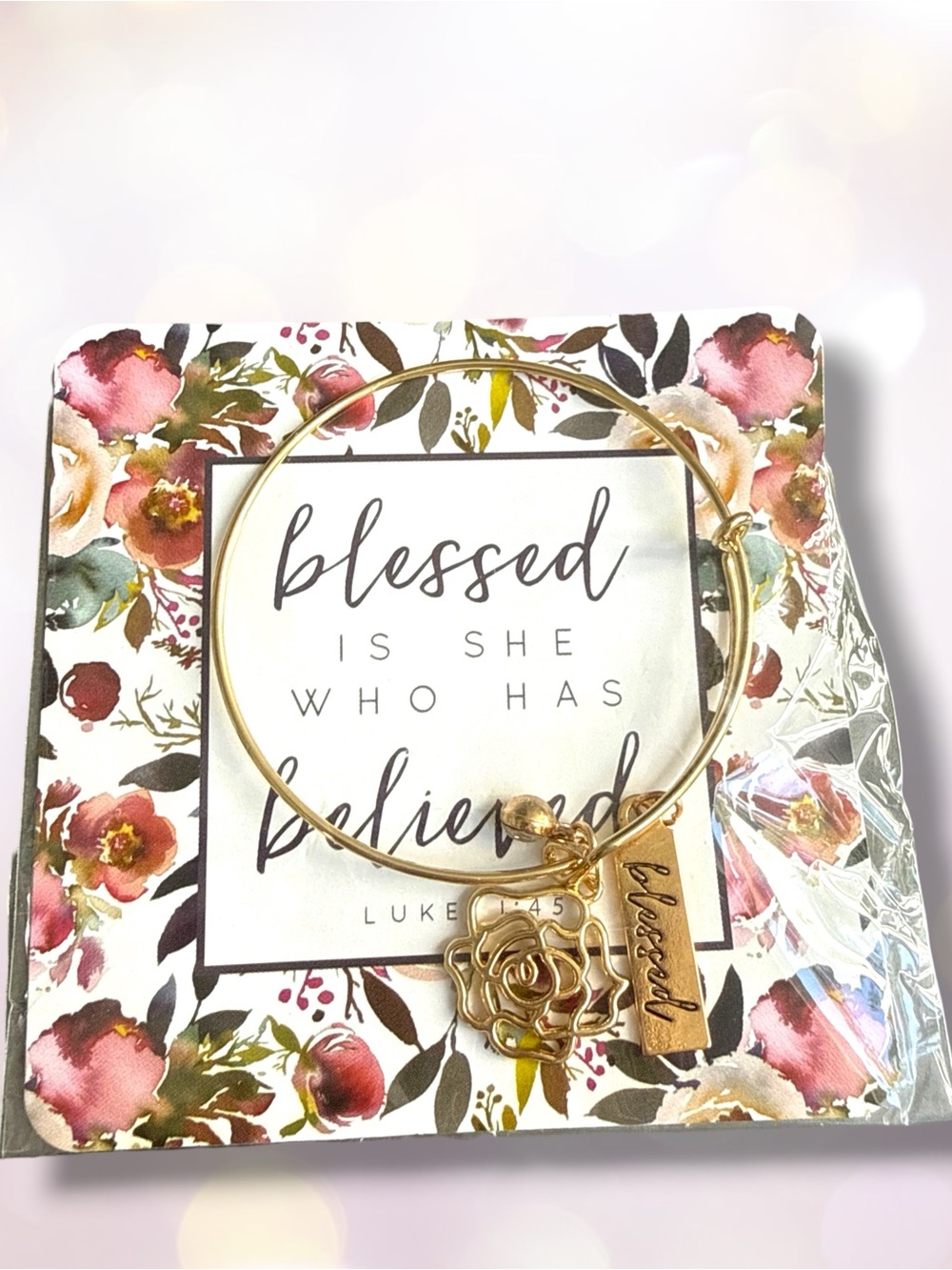 Charm Bangle Bracelet with Flower Charm and 'Blessed' Tag